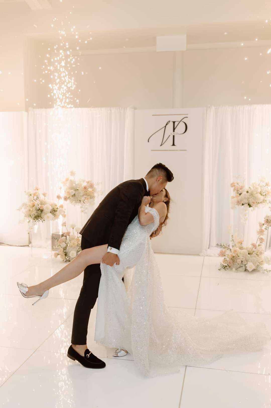 First dance dip with sparks at Aspen Ranch